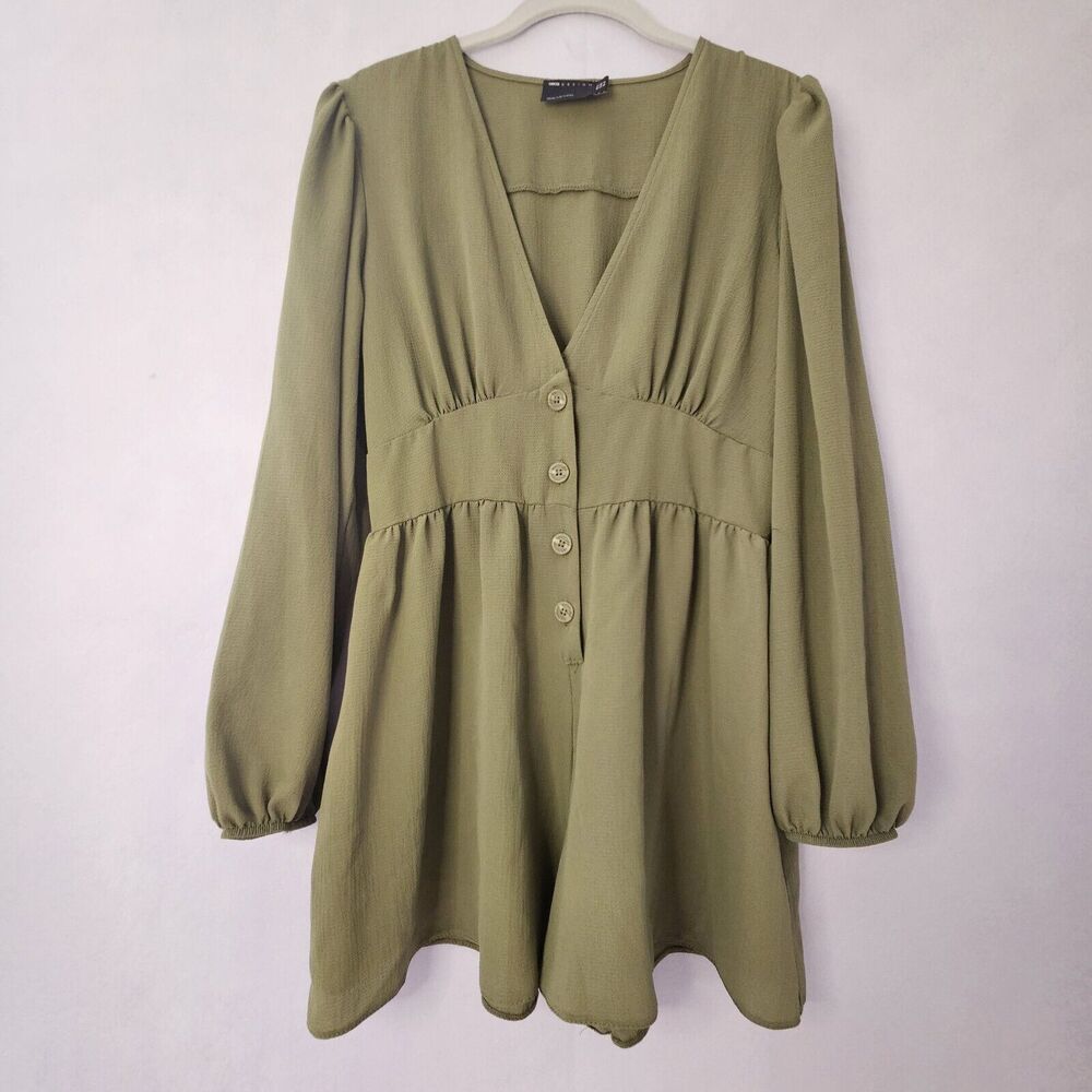 ASOS Design Sz 8 Army Green Shorts Romper Puff Sleeve Vneck Button Down Lightwei